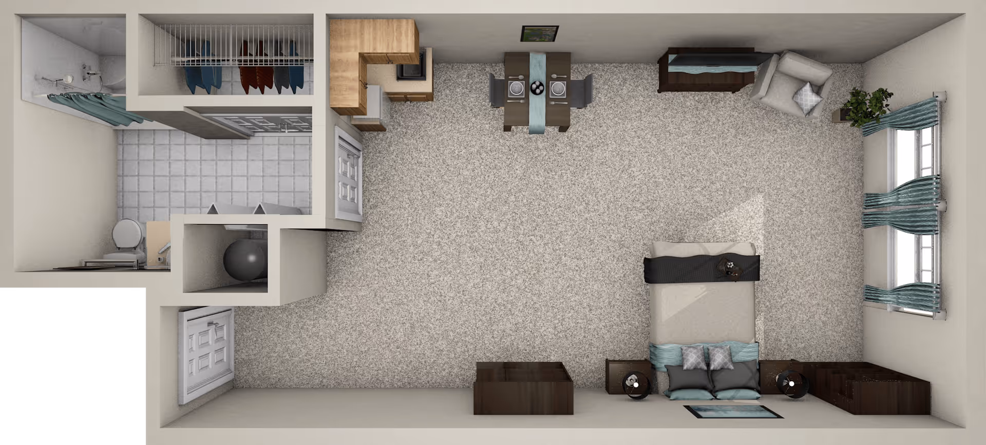 Top-down view of a studio apartment floor plan featuring a combined living and sleeping area with a bed, armchair, dresser, and dining table. The kitchen area includes cabinets and appliances. There is a separate bathroom with a shower, toilet, and sink, as well as a closet space adjacent to the bathroom.