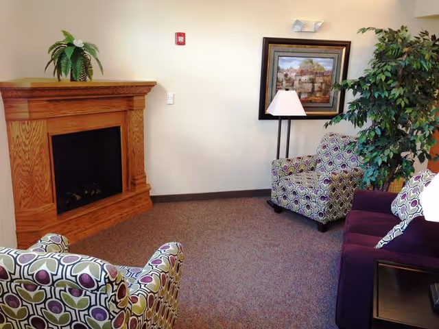 A cozy living room area with a wooden fireplace on the left, two patterned armchairs, a purple sofa with patterned pillows, a floor lamp, a framed painting on the wall, and a large green potted plant in the corner.