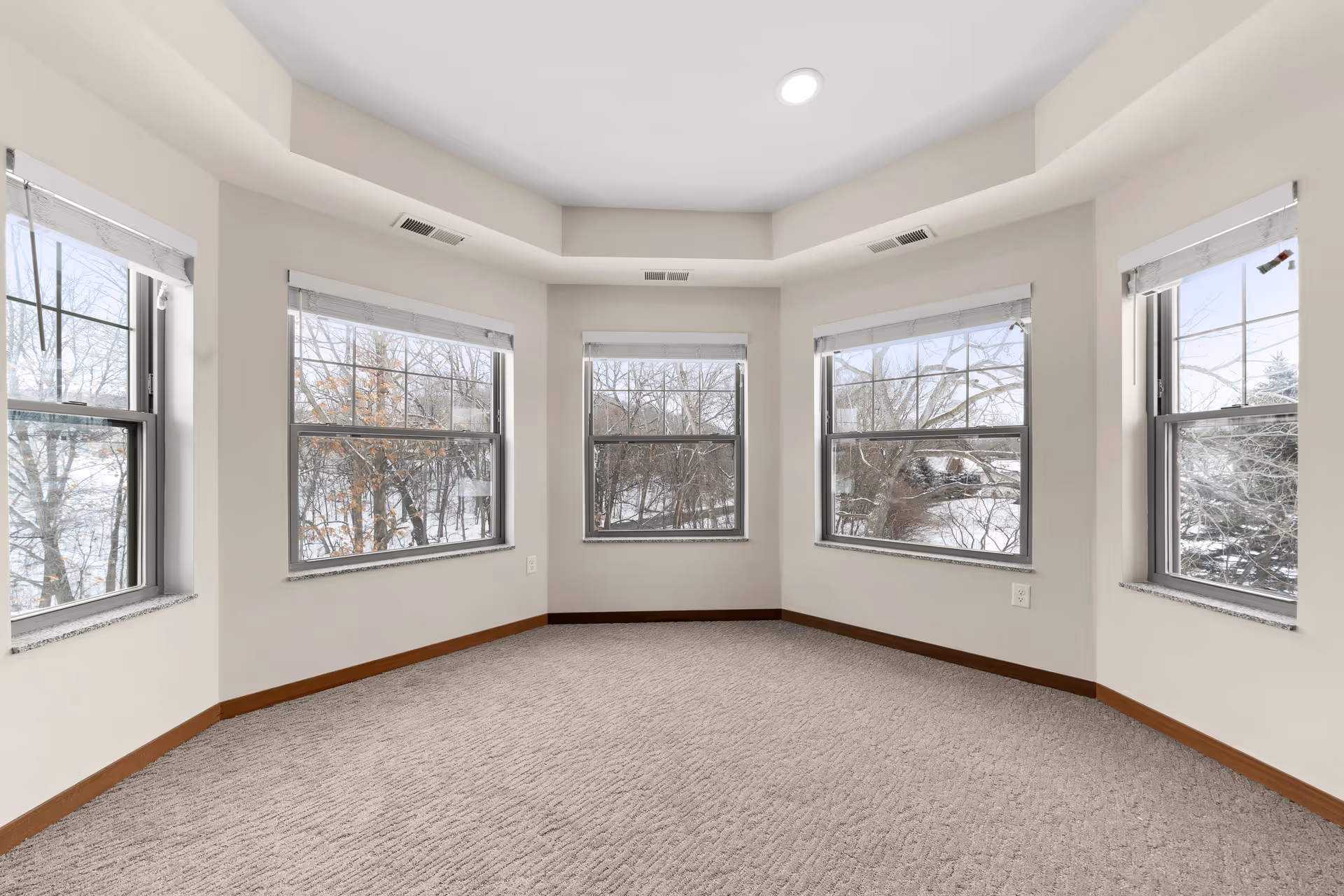 Empty carpeted bay-window room with five large windows looking out to a snowy landscape.