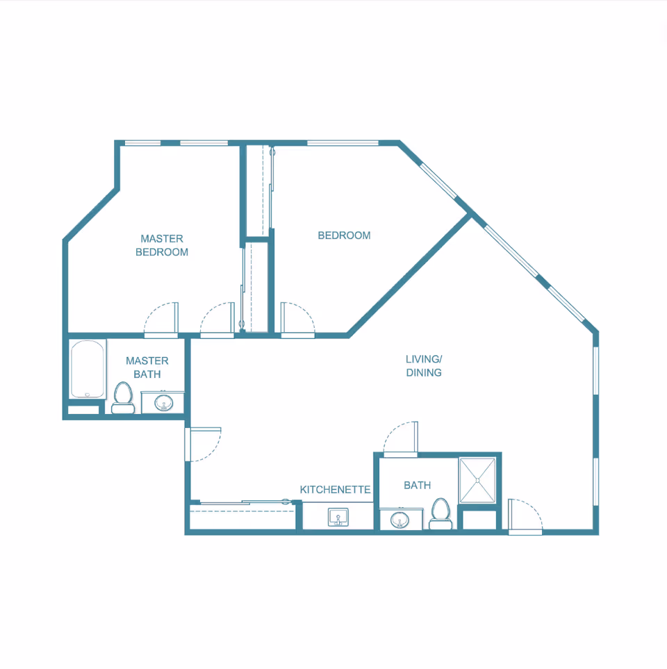 Architectural floor plan of a residential unit at Solista Colorado Springs featuring a master bedroom with attached master bath, a second bedroom, a living and dining area, a kitchenette, and a second bathroom.