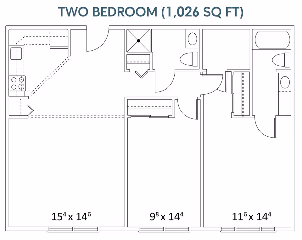 Architectural floor plan of a two-bedroom apartment with a total area of 1,026 square feet. The layout includes a kitchen area, two bedrooms, two bathrooms, and closets. Dimensions for rooms are indicated.