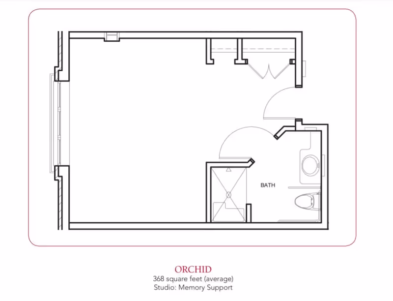 Floor plan layout of a studio apartment named Orchid, featuring a main living area and a bathroom with a shower, toilet, and sink. The total area is 368 square feet, designed for memory support.