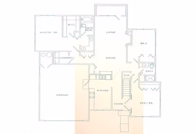 Architectural floor plan of a single-story home showing labeled rooms including master bedroom with walk-in closet and master bath, second bedroom, den/bedroom, two bathrooms, laundry room, kitchen, dining and living areas, foyer, closet, and attached garage.