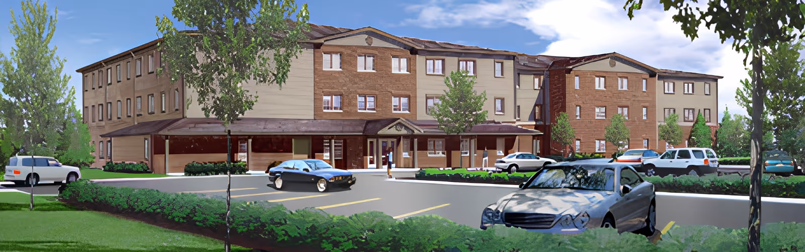 Exterior view of a three-story senior living facility named Irving Point with a parking lot in front, several parked cars, green trees, and a partly cloudy sky.