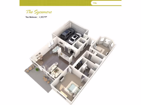 3D floor plan of The Sycamore villa at Westminster Village Terre Haute, showing a two-bedroom layout with 1,552 square feet. The plan includes a garage with two cars, a living room, dining area, kitchen, two bedrooms, bathrooms, and an outdoor patio with seating.