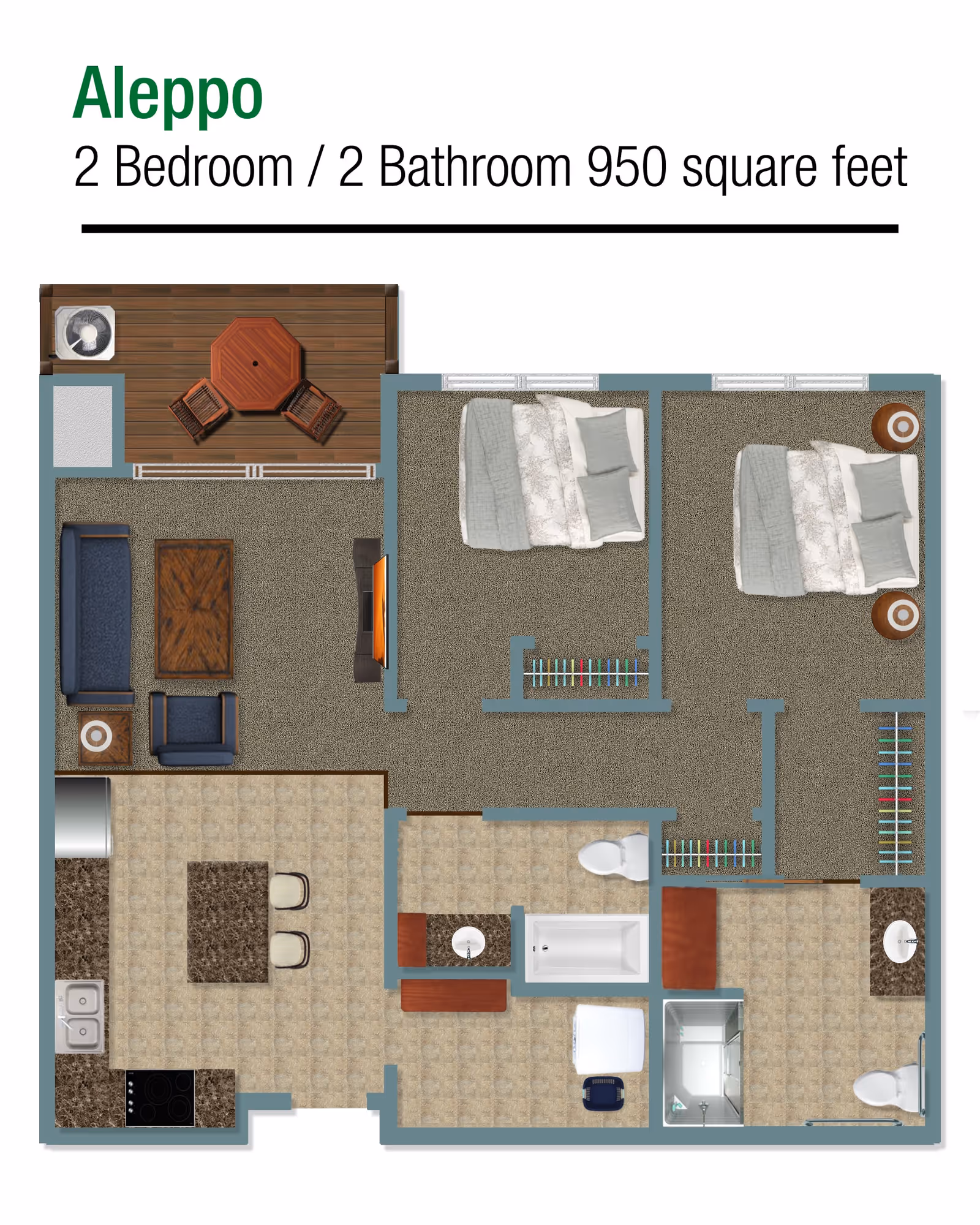 Top-down floor plan labeled "Aleppo" showing a 2-bedroom, 2-bathroom 950 sq ft apartment with living room, kitchen, bathrooms, closets and a balcony.