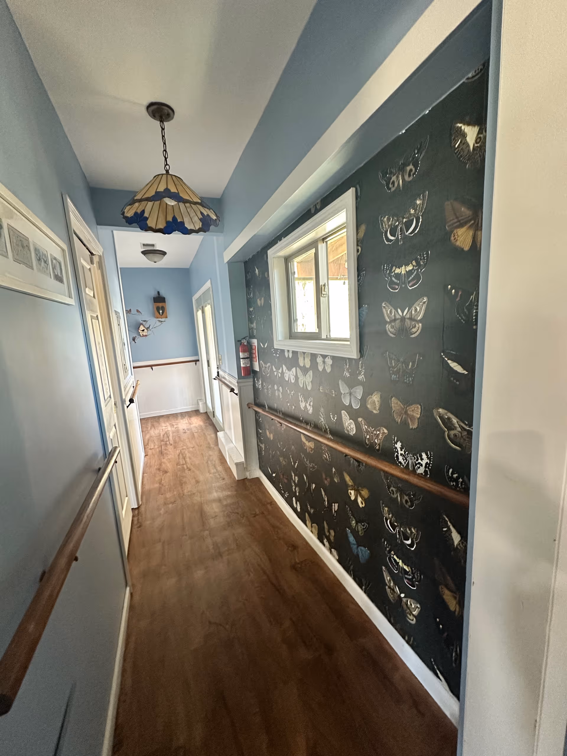 A narrow hallway with wooden flooring and light blue walls. One side of the hallway features a dark wallpaper decorated with various butterfly illustrations. There are handrails on both sides of the hallway, a window on the butterfly wallpapered wall, and a hanging light fixture with a stained glass design. Several doors and framed pictures are visible along the hallway.