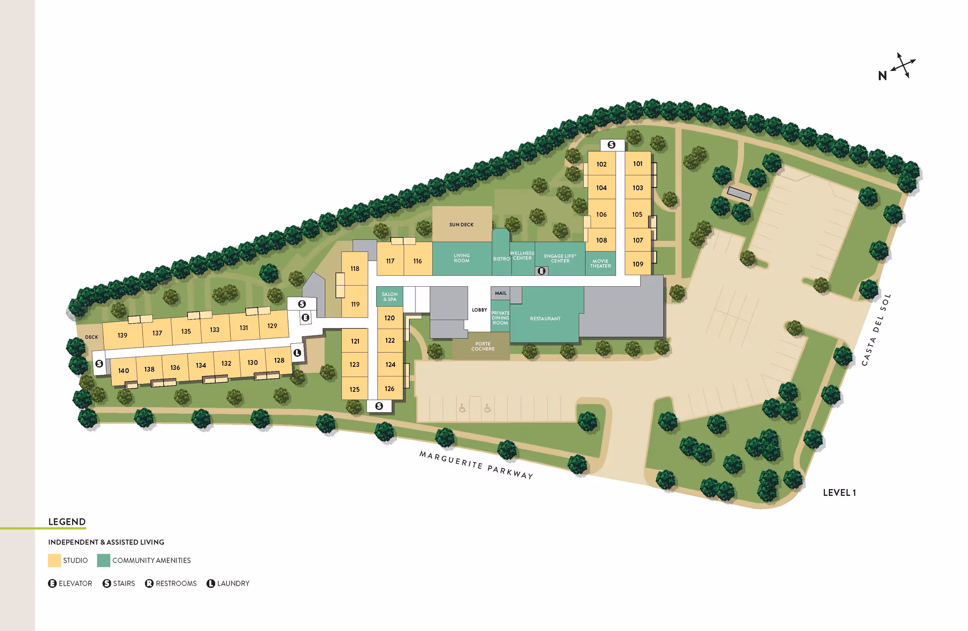 Floor plan of Atria Del Sol senior living facility showing layout of studio apartments, community amenities including living room, sun deck, bistro, wellness center, engage life center, movie theater, salon & spa, lobby, restaurant, mail room, private dining room, and porte cochere. The plan also indicates locations of elevators, stairs, restrooms, and laundry. Surrounding the building are parking areas, trees, and pathways along Marguerite Parkway and Casta Del Sol.