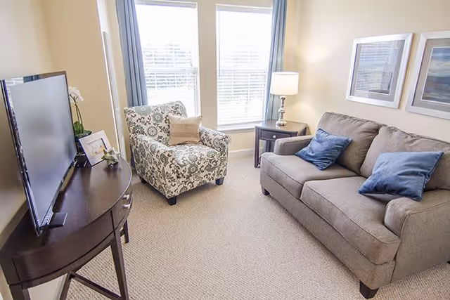 A cozy living room with a gray sofa adorned with two blue pillows, a patterned armchair with a beige pillow, a dark wooden side table with a lamp, and a flat-screen TV on a dark wooden TV stand. Two framed pictures hang on the wall above the sofa, and two large windows with white blinds and blue curtains allow natural light into the room.