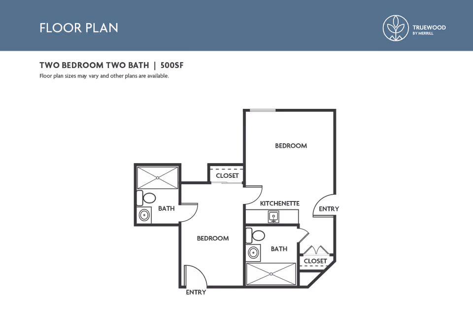 Dark-themed schematic floor plan of a two-bedroom, two-bath unit with labeled rooms, kitchenette, closets, and entries.