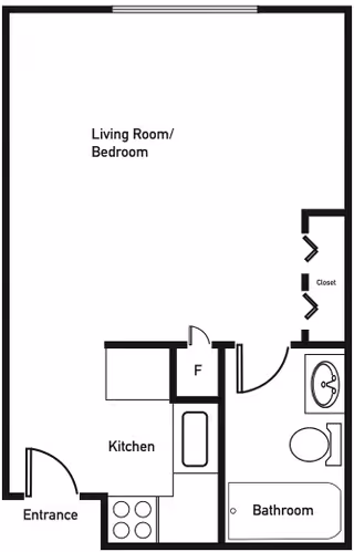 Floor plan of a studio apartment at Brookstone Estates of Tuscola showing an entrance leading into a kitchen area with stove and sink, a combined living room and bedroom space, a bathroom with a sink, toilet, and bathtub, and a closet near the bathroom.