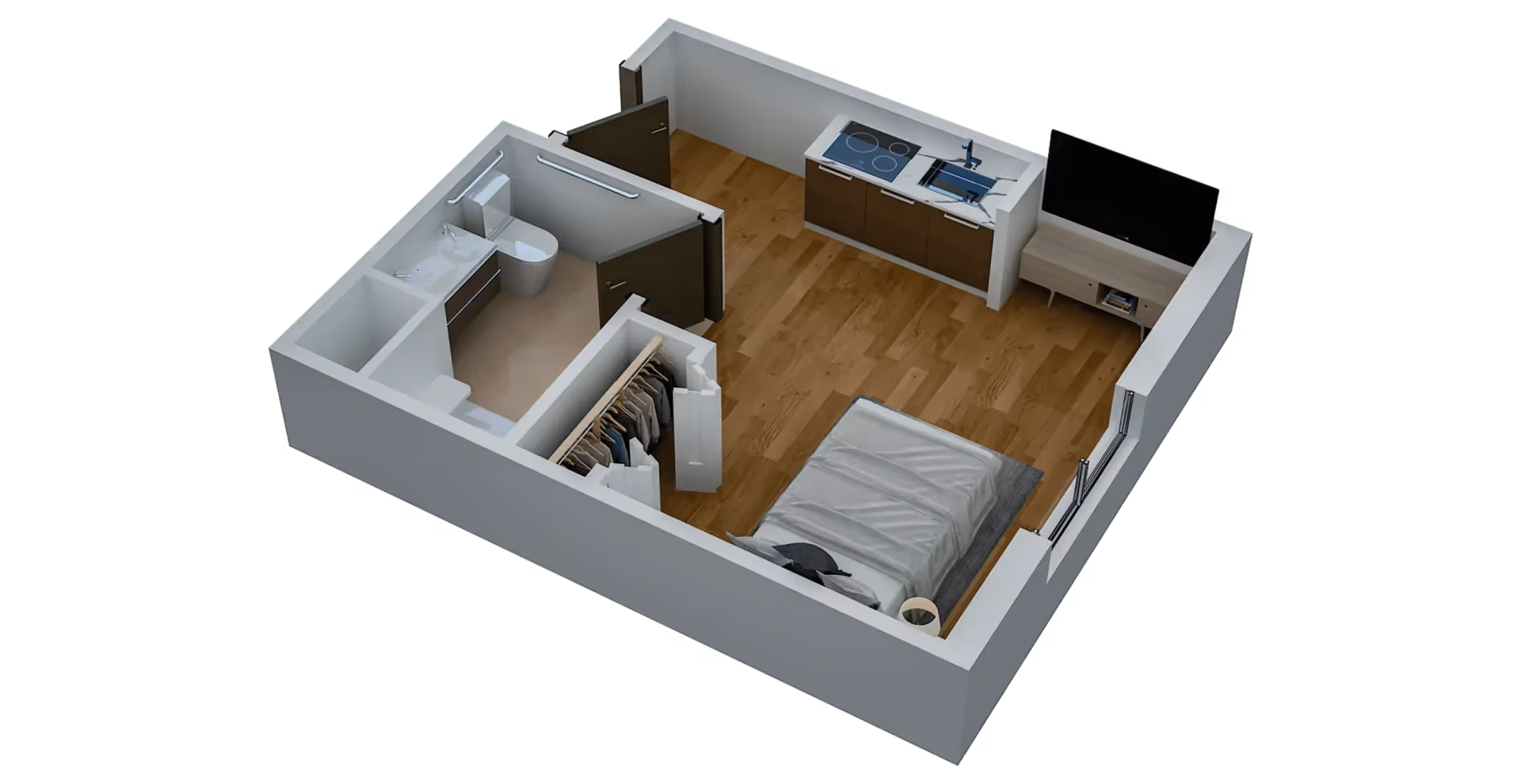 3D floor plan of a compact senior living apartment with bed, kitchen, bathroom, and closet.