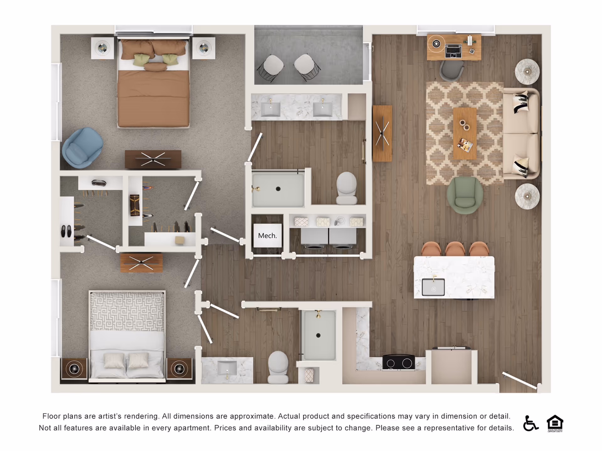 Floor plan of a two-bedroom apartment featuring a living room with sofa, armchair, coffee table, and desk; an open kitchen with an island and three stools; two bedrooms each with a bed, nightstands, and closets; two bathrooms with sinks, toilets, and showers; a mechanical room; and a small balcony with two stools.