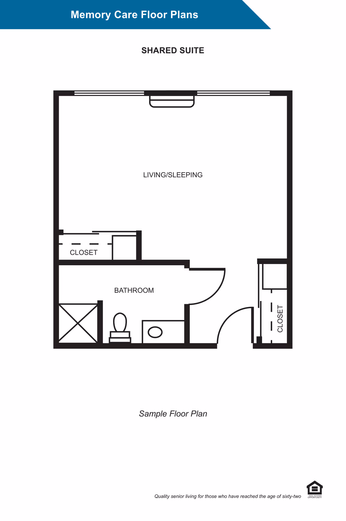 Black-and-white schematic floor plan titled 'Shared Suite' showing a combined living/sleeping area, bathroom with fixtures, and two closets.