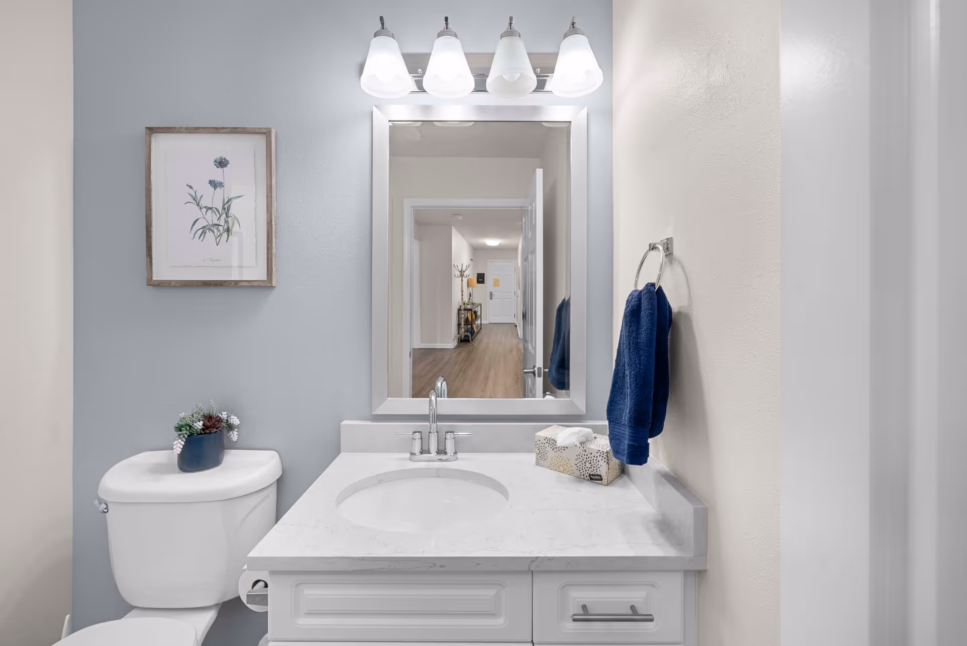 Well-lit bathroom with a white vanity and sink, mirror reflecting a hallway, toilet with a small plant, framed wall art, and a blue hand towel.