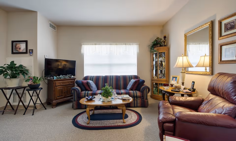 A cozy living room with a striped sofa, a wooden coffee table with a plant centerpiece, a leather recliner chair, a wooden cabinet with a TV on top, a round side table with a lamp and framed photo, and a large mirror on the wall. There are also framed pictures and a plant on a small table near the TV.
