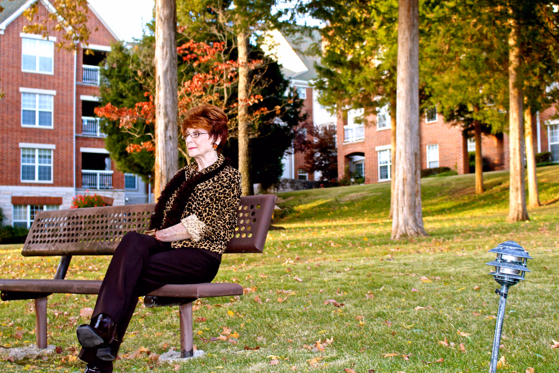 An elderly woman with short red hair and glasses sits on a brown metal bench in a grassy outdoor area with trees and a brick building in the background. The scene is bright and sunny with some autumn leaves on the ground.
