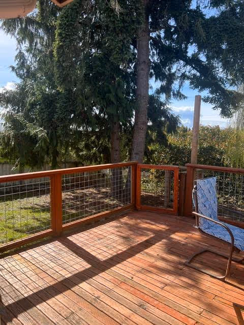 A wooden deck with a metal and wood railing, a single chair with a blue patterned cushion, and large green trees in the background under a partly cloudy sky.