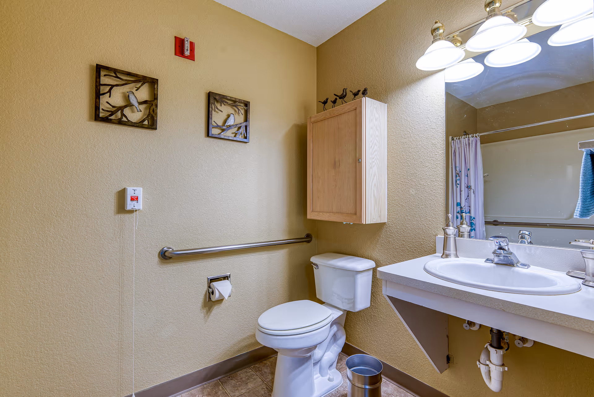 Bathroom with a toilet, sink and mirror, grab bar, wall-mounted cabinet and decorative wall art.