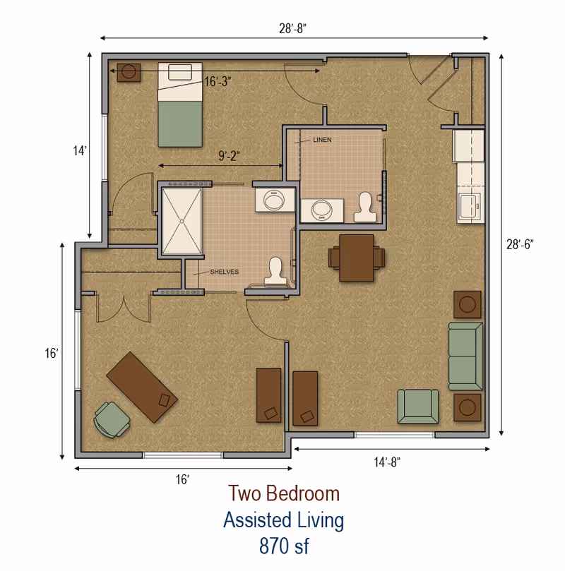 Illustrated floor plan of a two-bedroom assisted living apartment (870 sf) showing furniture, two bathrooms, and room dimensions.