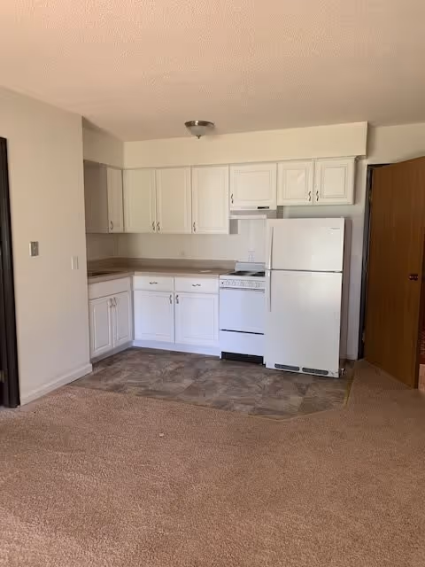 Small kitchen area with white cabinets, a white refrigerator, and a white stove. The kitchen floor is tiled, and the surrounding area is carpeted. There is a ceiling light fixture above the kitchen space and a wooden door to the right.