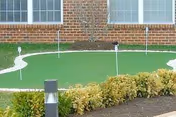 A small outdoor putting green with two holes and flags, bordered by a low hedge and a brick building with windows in the background.