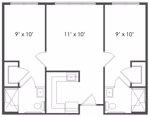 Architectural floor plan showing two adjacent rooms each measuring 9 feet by 10 feet with attached bathrooms, and a central room measuring 11 feet by 10 feet with a kitchen area including a sink and counter space.