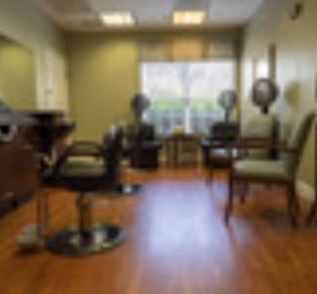 Interior of a salon area with salon chairs and hair drying stations, wooden flooring, and a large window letting in natural light.