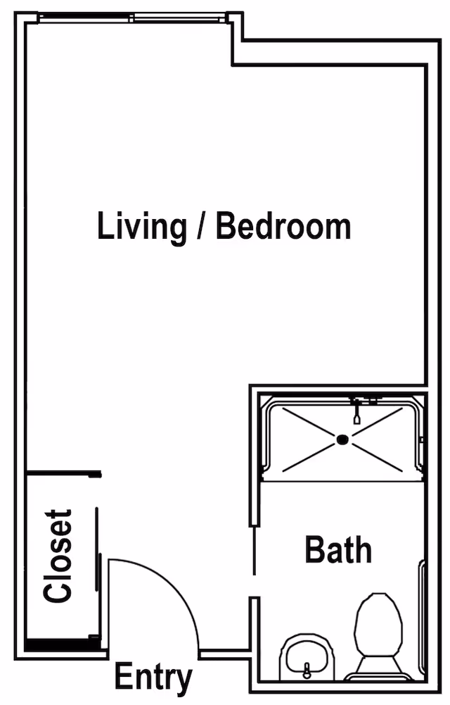 Floor plan layout showing a combined living and bedroom area, a closet near the entry, and a bathroom with a shower, toilet, and sink.