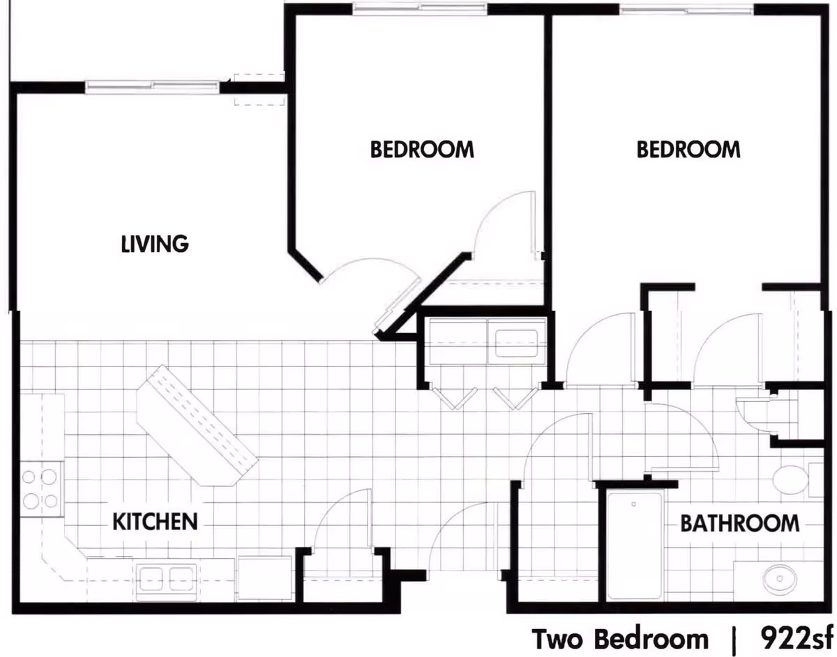 Floor plan of a two-bedroom apartment at Lakewood Landing showing a living room, kitchen, two bedrooms, and a bathroom. The layout includes labeled rooms and fixtures such as a stove, sink, bathtub, and toilet.