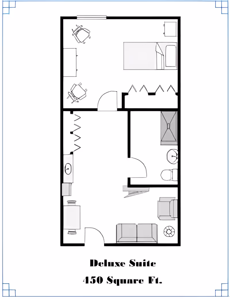 Black-and-white floor plan labeled 'Deluxe Suite 450 Square Ft.' showing a one-bedroom layout with a living area, kitchenette, and bathroom.