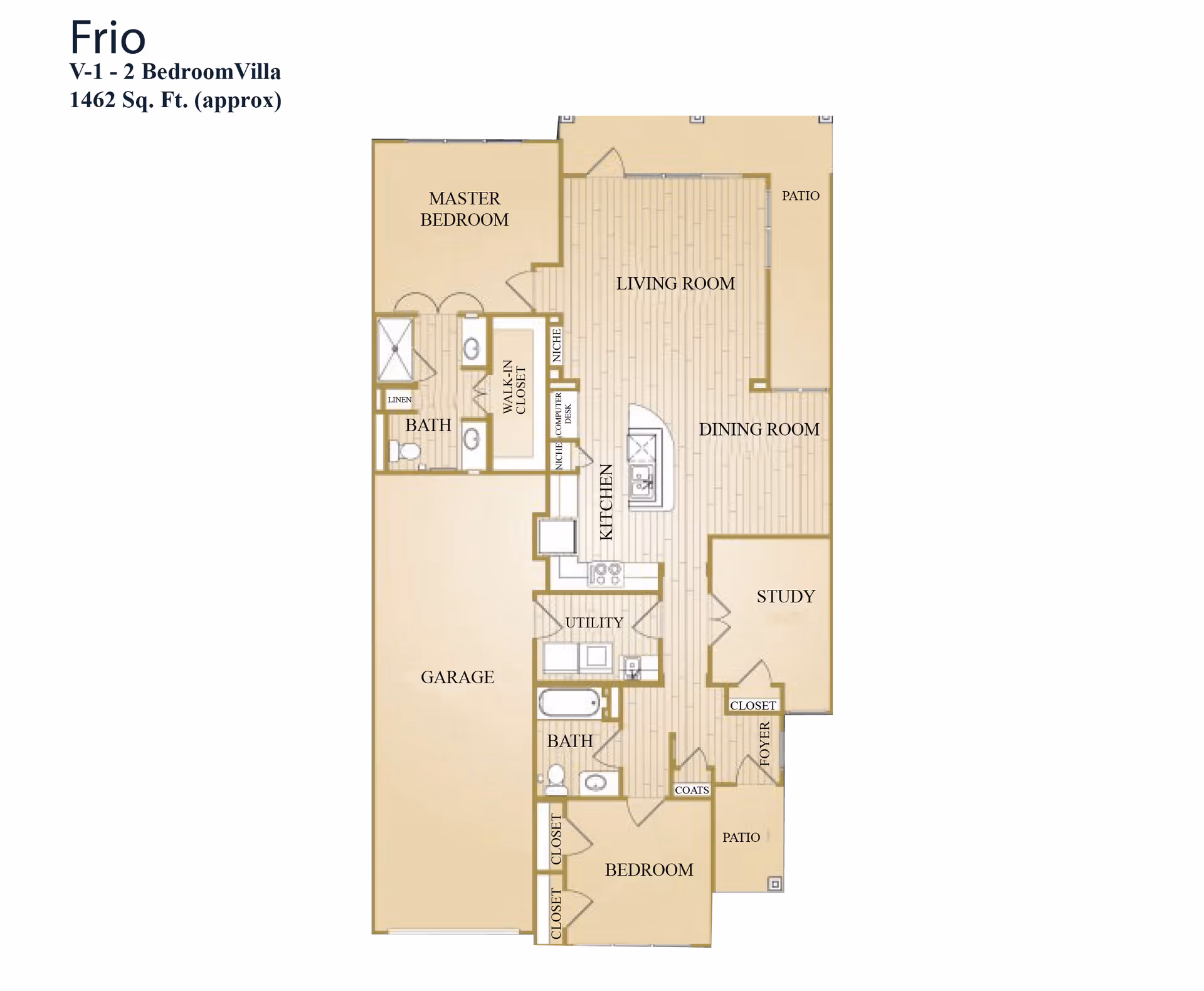 Floor plan of the Frio V-1 2 Bedroom Villa at Landon Ridge Sugar Land Independent Living, approximately 1462 square feet. The layout includes a master bedroom with walk-in closet and bath, a second bedroom with closets and bath, a kitchen with countertop desk, a living room, dining room, study, utility room, garage, foyer, and two patios.