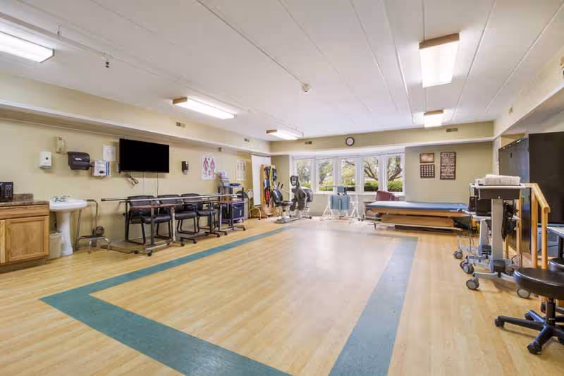 A spacious physical therapy room with wooden flooring and a green border pattern. The room contains exercise equipment, chairs, a therapy table, a wall-mounted TV, and large windows letting in natural light. There are medical posters on the walls and various therapy tools and supplies organized around the room.