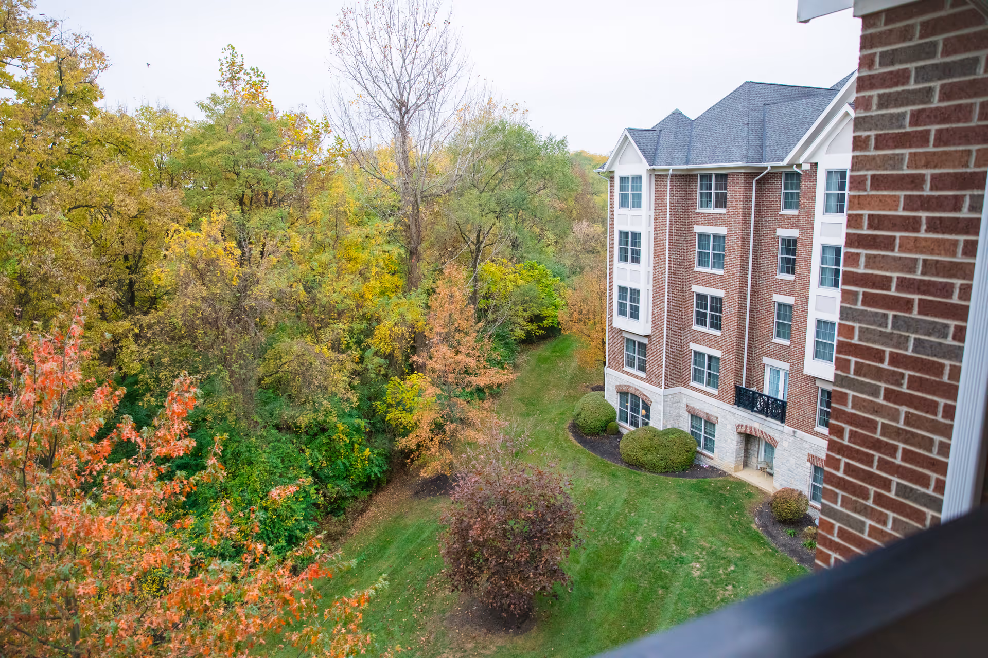 View from a balcony overlooking a green lawn with bushes and trees showing autumn colors, next to a multi-story brick building with white window frames.