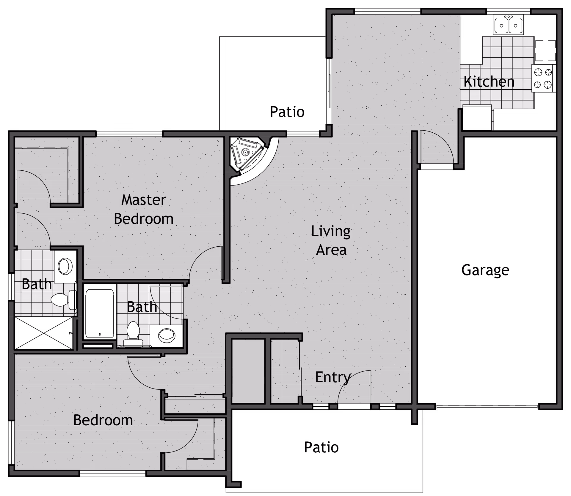 Floor plan of a residential unit showing a master bedroom with an attached bath, a second bedroom, a second bath, a living area, an entryway, and a kitchen.