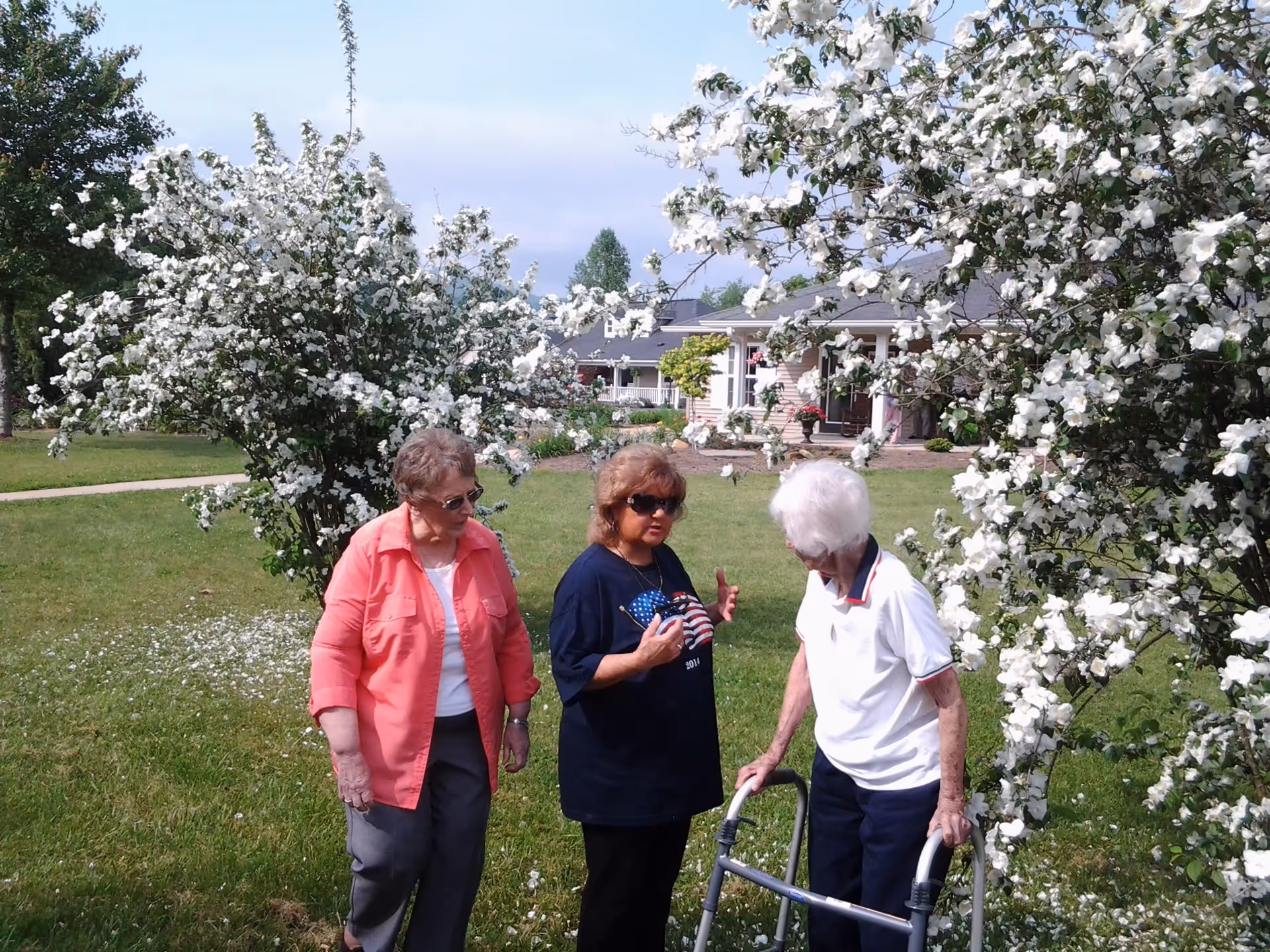 Three elderly women standing on a grassy lawn near white flowering bushes with a single-story residential building visible in the background.