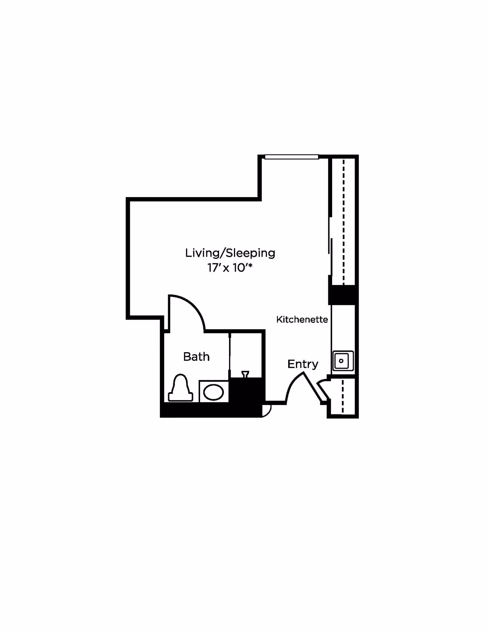Floor plan of a small living space at Brookdale Attleboro showing a living/sleeping area measuring 17 feet by 10 feet, a kitchenette, an entryway, and a bathroom with a toilet and sink.