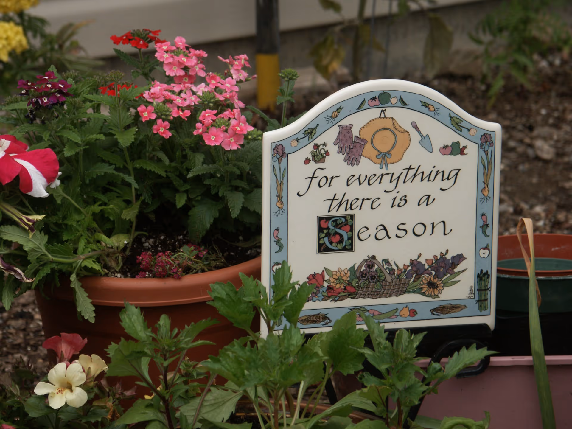 A garden scene with various flowering plants in pots and a decorative sign that reads 'for everything there is a season' surrounded by illustrations of gardening tools and flowers.