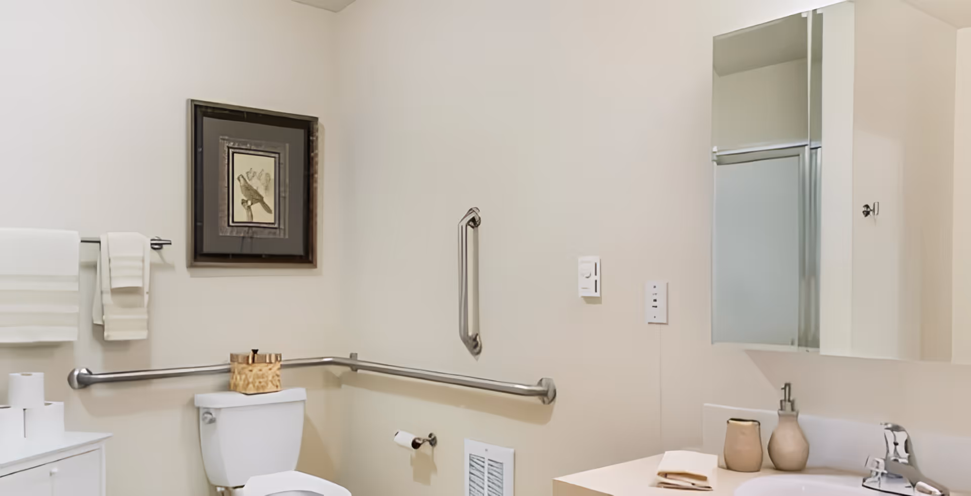 A clean and accessible bathroom with beige walls, a white toilet with a wooden tissue box on top, a white cabinet with extra toilet paper rolls, a towel rack with white towels, a framed bird artwork on the wall, a large mirror above a sink with soap dispenser and a cup, and stainless steel grab bars for support.