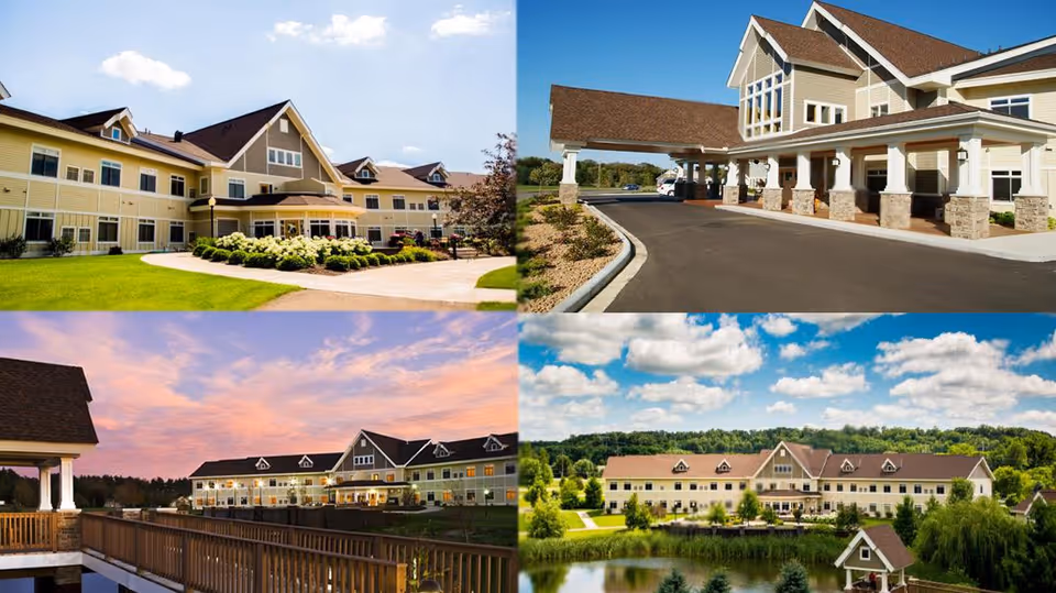 Collage of exterior views of a beige assisted living facility showing building fronts, entrances, driveway, landscaping and a pond.