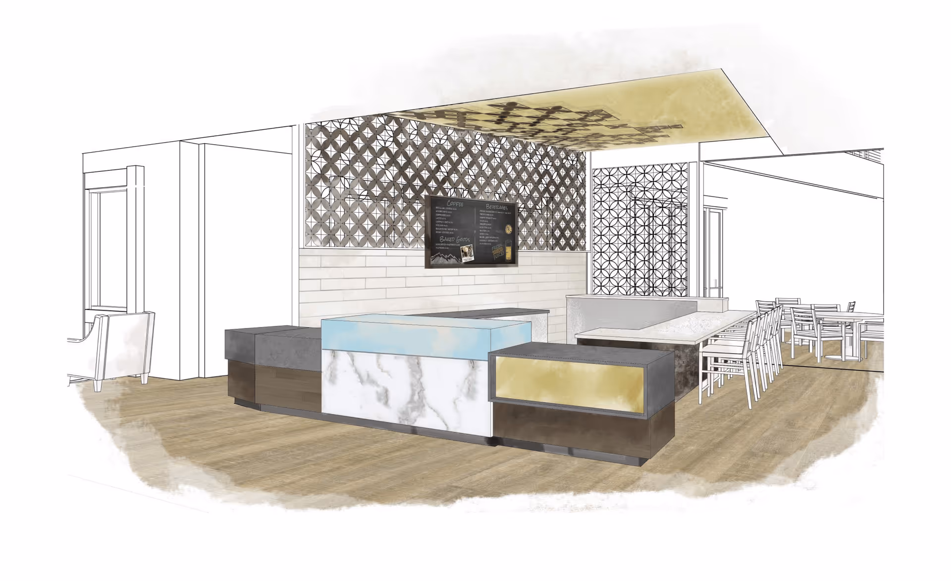Stylized interior rendering of a communal dining/lounge area with central service counters, patterned wall panels, and tables and chairs.