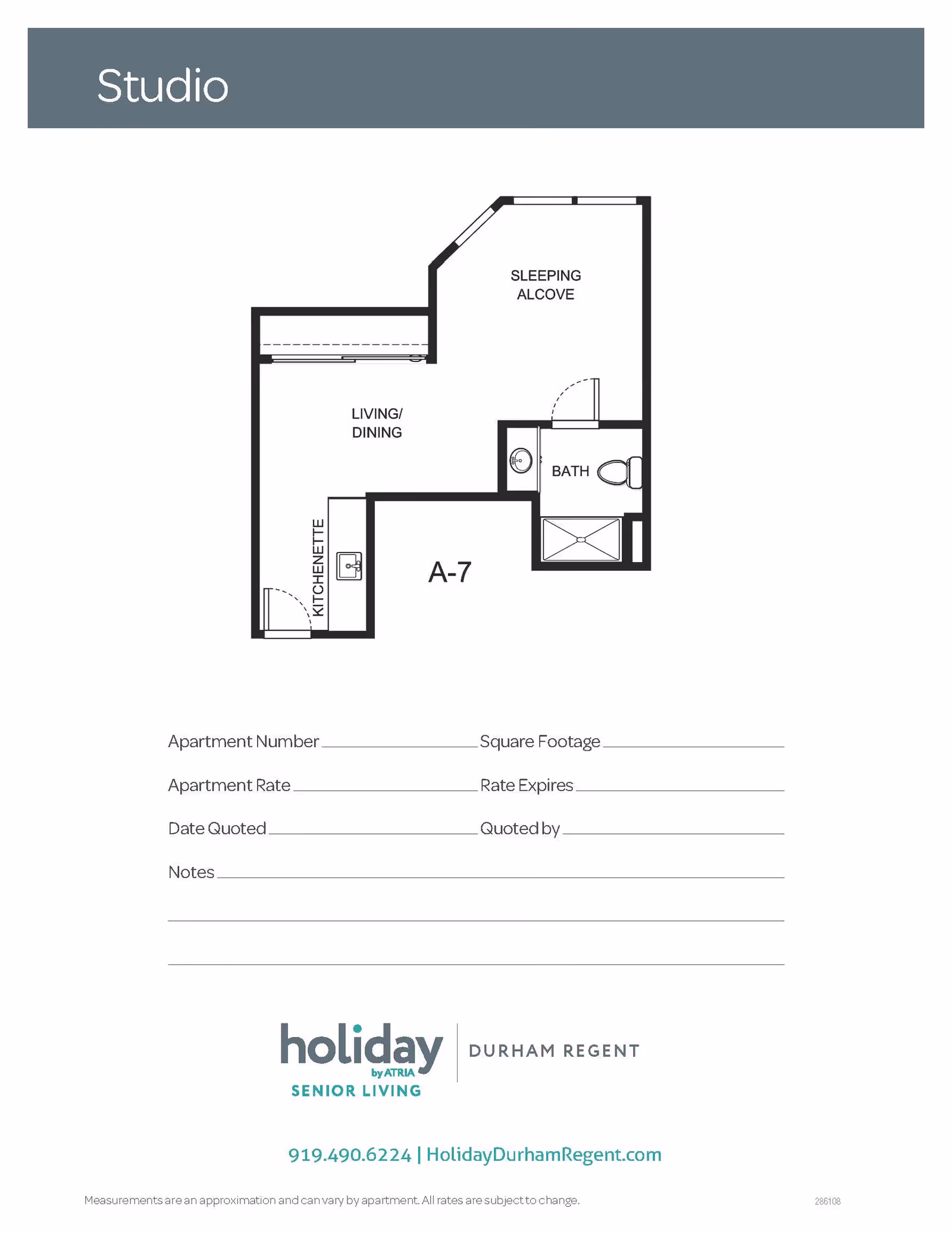 Floor plan of a studio apartment labeled A-7 at Holiday Durham Regent, showing a kitchenette, living/dining area, sleeping alcove, and bathroom. The bottom section includes spaces for apartment number, square footage, apartment rate, rate expiration, date quoted, quoted by, and notes. The Holiday Senior Living logo and contact information are at the bottom.