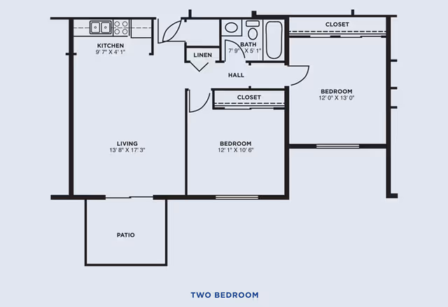 Floor plan of a two-bedroom apartment at Fox Ridge Manor showing a kitchen, living room, bathroom, two bedrooms with closets, a linen closet, a hall, and a patio.