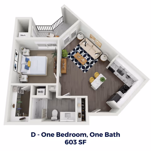 3D floor plan of a one-bedroom, one-bath apartment with 603 square feet. The layout includes a bedroom with a bed and nightstands, a bathroom with a toilet and shower, a living room with a sofa and coffee table, a kitchen with appliances and an island with seating, a washer/dryer area, and a small balcony.