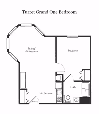 Floor plan labeled 'Turret Grand One Bedroom' showing a living/dining area with multiple windows, a bedroom, a bath with a bathtub, toilet, and sink, a kitchenette with stove and refrigerator, and an entryway.