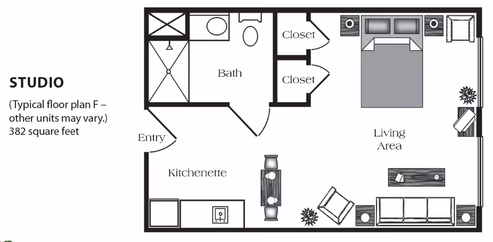 Floor plan of a studio apartment at San Marino Retirement Community showing an entry leading to a kitchenette, a bathroom with shower, toilet, and sink, two closets, and a living area with a bed, sofa, armchair, coffee table, side tables, and a desk by the window. The total area is 382 square feet.