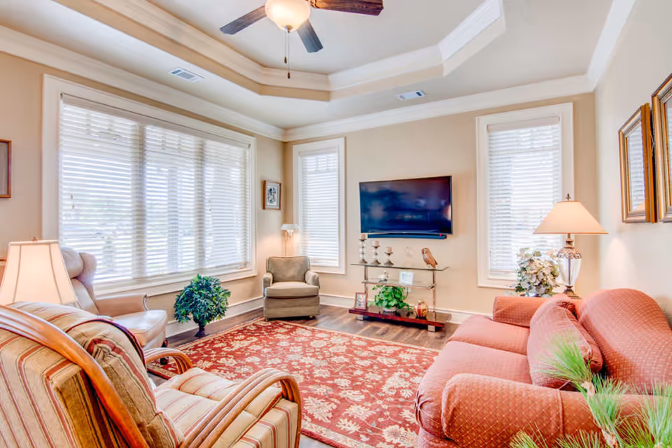 Bright, well-appointed living room with a sofa and armchairs, a wall-mounted TV, lamps, plants, and large windows with blinds.