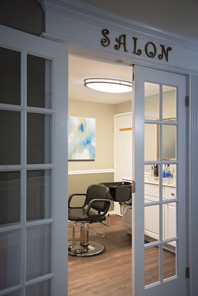 Interior view of a salon room with a black salon chair and a hair washing sink. The room has wooden flooring, a modern ceiling light, a piece of abstract wall art, and white cabinetry with a granite countertop. The entrance has white French doors with glass panes and a sign above reading 'SALON'.