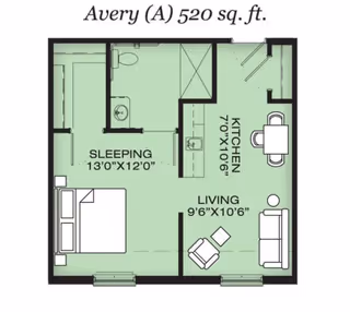 Floor plan of Avery (A) unit with 520 square feet, showing a sleeping area measuring 13 feet by 12 feet with a bed, a bathroom, a kitchen area measuring 7 feet by 10 feet 6 inches with a dining table and chairs, and a living area measuring 9 feet 6 inches by 10 feet 6 inches with a sofa and chair.
