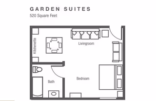 Floor plan of a Garden Suite with 520 square feet, showing a kitchenette, living room with sofa and chair, bedroom with bed, and a bathroom with toilet and sink.